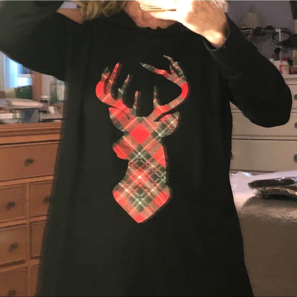 Christmas Reindeer Hoodie, Black & Red Xmas Top - Picture 5 of 6